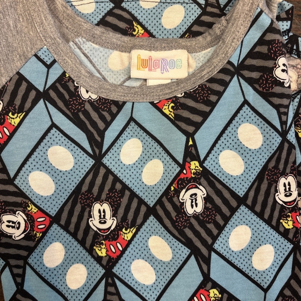LuLaRoe Disney Mickey Mouse Randy Raglan‎ Tee Blue Grey Geometric Print Large